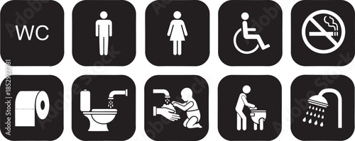 Collection of black and white restroom and facility pictograms