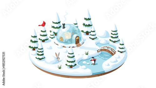 A whimsical winter scene features an igloo-like glass house, snowy trees, a cardinal, a rabbit, and a penguin ice skating on a frozen pond.