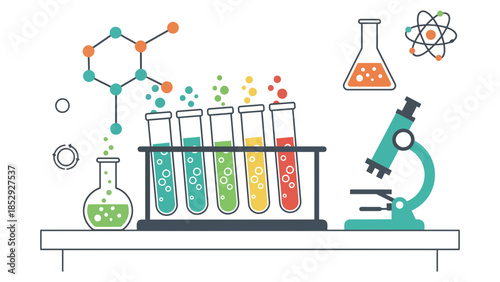 Laboratory equipment and molecular structures are displayed on a white background.