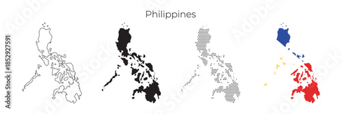 Philippines map illustration set with outline, solid silhouette, dotted style, and flag design.