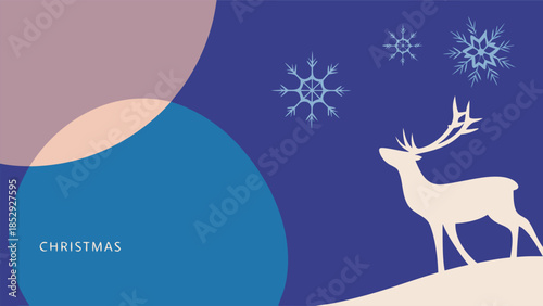 A minimalist christmas card design vector illustration. a graceful white reindeer silhouette stands on a snowy hill under a dark blue sky filled with delicate glowing snowflakes