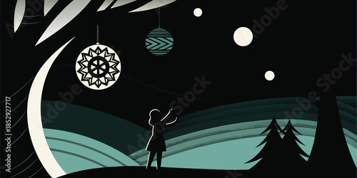 Modern christmas vector illustration. A young girl stands on a snowy hill at night reaching toward large decorative ornaments hanging from a crescent moon and stars