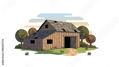 An old, weathered wooden barn with a broken roof and an open door stands surrounded by trees, with a dirt path leading up to it.