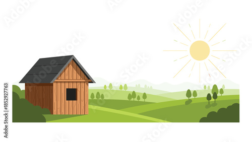 A rustic wooden shed with a dark roof stands in a vibrant green landscape of rolling hills and trees under a bright shining sun.