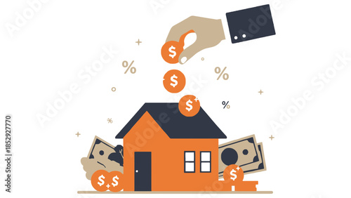 A hand drops coins into a house, symbolizing investment and savings.
