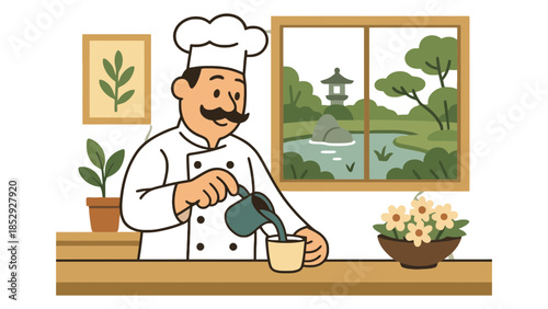 A chef pours a drink into a cup in a kitchen with a garden view.