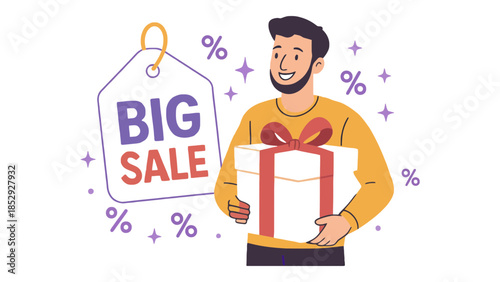 Man holding a gift box next to a big sale tag with percentages