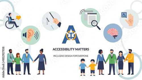 Inclusive design for everyone accessibility matters concept with diverse people and symbols of support vector illustration for web and presentation