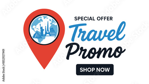Special offer travel promo with shop now button and map pin icon.