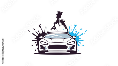 Modern car with paint spray gun and colorful splatters representing vehicle customization.