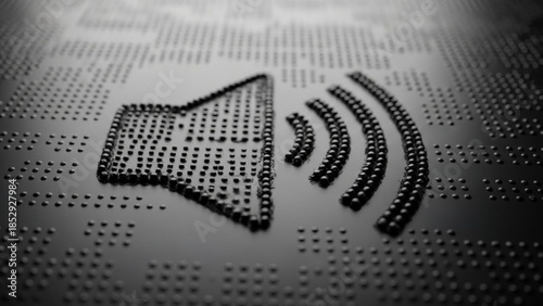 Sound wave icon made of digital dots representing audio technology and sound broadcasting on a dark textured background
