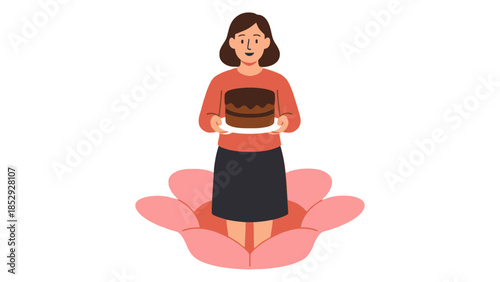 A woman stands holding a chocolate cake on a plate within a pink flower.