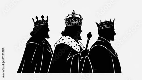 Three kings silhouette wearing crowns and royal robes a regal illustration for historical or religious concepts isolated on a white background