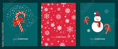 Christmas Greeting Card Set with Candy Cane, Snowflakes and Snowman, Festive Holiday Illustrations in Red and Green Colors, Vector Design