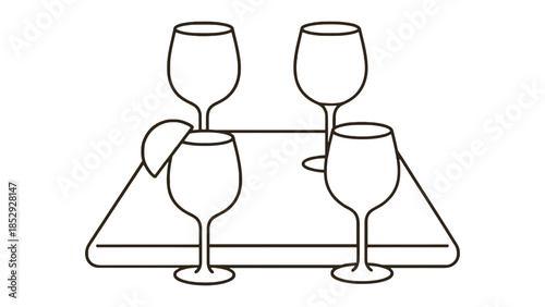Four empty wine glasses are arranged on a tray with a lemon slice.