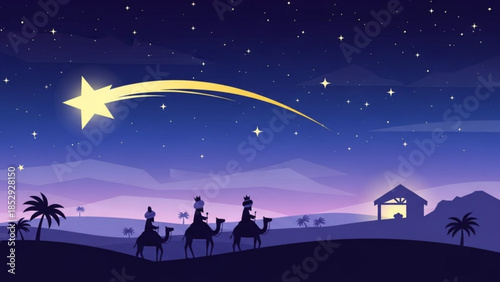 Three Wise Men on camels following a shooting star across a starry night sky a nativity scene with stable in the background vector illustration for Christmas