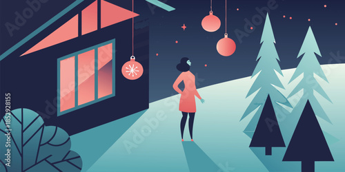 Modern christmas vector illustration of a woman stands in a snowy landscape outside a modern house gazing at glowing ornaments hanging from the dark starlit sky