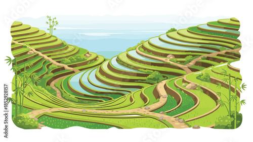 Lush green rice terraces filled with shimmering water, winding paths, and tall bamboo stalks create a picturesque and vibrant agricultural landscape.