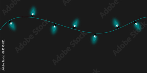 A string of glowing teal decorative lights on a dark background, creating a festive and ambient atmosphere for celebration.