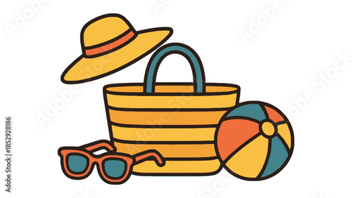 A beach bag, hat, sunglasses, and ball are ready for vacation.