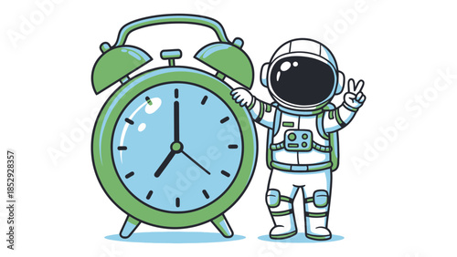 An astronaut stands next to a large alarm clock and makes a peace sign.