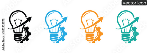 Four light bulb and gear icons in black, blue, orange, and teal represent innovative ideas and creativity in business and technology