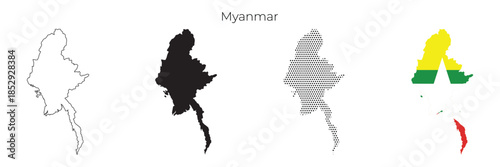Myanmar map illustration set with outline, solid silhouette, dotted style, and national flag design.