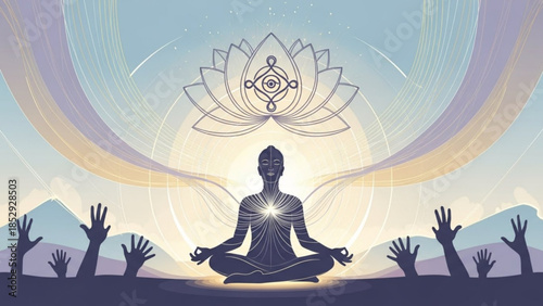 Silhouette of a person meditating in lotus pose with spiritual symbols and raised hands representing inner peace and enlightenment for wellness and yoga concepts