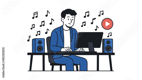 A man sits at a desk and works on a computer with music notes floating around him.