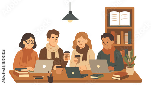 Four people are studying together at a table with laptops and coffee cups.