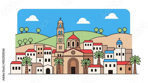 Charming Mediterranean town with a central church and bell tower flat vector illustration depicting coastal village life and architecture perfect for travel or tourism concepts