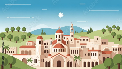 Nativity scene illustration ancient Bethlehem cityscape with star of Bethlehem flat design for Christmas and religious concepts