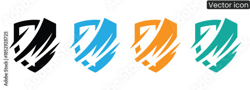 A set of four vibrant shield logos in black, blue, orange, and green for business branding and identity