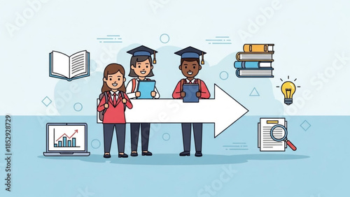 Diverse students in graduation caps with educational icons representing academic achievement and learning journey ideal for university or online course promotion