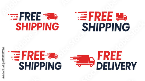 Set of four free shipping and delivery labels with speed lines and truck icons.
