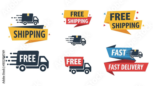 Set of shipping and delivery icons with trucks and banners.