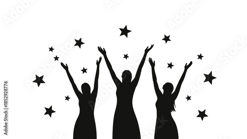 Three Silhouetted Women Celebrating Under Stars.