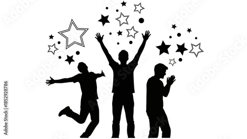 Three Silhouetted People Celebrating with Stars.