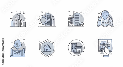 Set of eight line art icons representing various aspects of urban development and real estate.