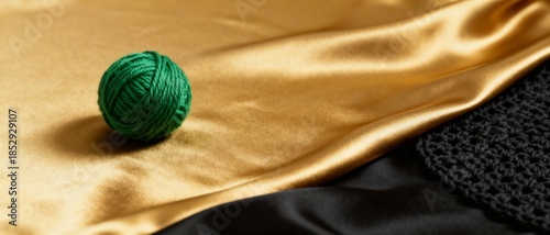 Minimalist Crochet Corner Featuring Soft Green Wool on Elegant Background with Satin and Textured Fabric Contrast