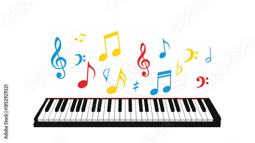 A classic piano keyboard features a vibrant array of colorful musical notes gracefully floating above it, symbolizing artistic expression and joy.