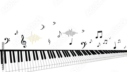 A long piano keyboard extends into the distance, while an array of musical notes and sound waves elegantly float above, representing music and harmony.