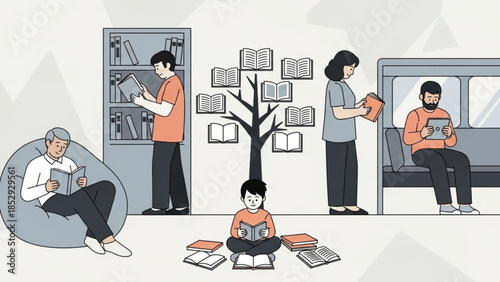 Diverse people reading books in various settings symbolizing knowledge and learning flat illustration for educational concepts