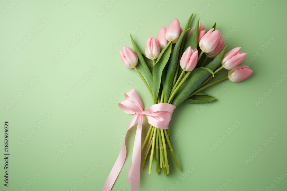 Fototapeta premium Beautiful bouquet of pink tulips tied with a delicate silk ribbon on a vibrant green background, perfect for celebrating spring or special occasions