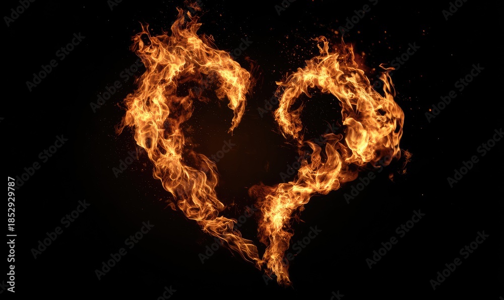 Fototapeta premium Heart-shaped flames emanate against a black backdrop, representing a passionate, burning emotion