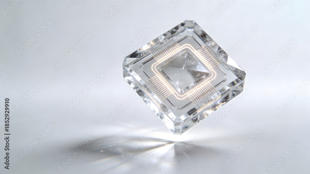 Fototapeta premium Transparent Crystal Optical Microchip Processor Floating in White Laboratory