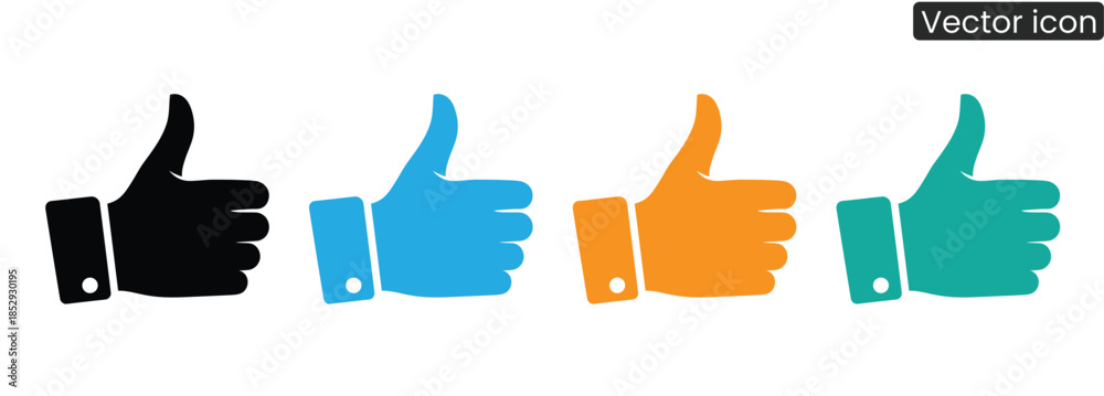 Obraz premium A set of colorful thumbs up icons in black, blue, orange, and green for approval and feedback