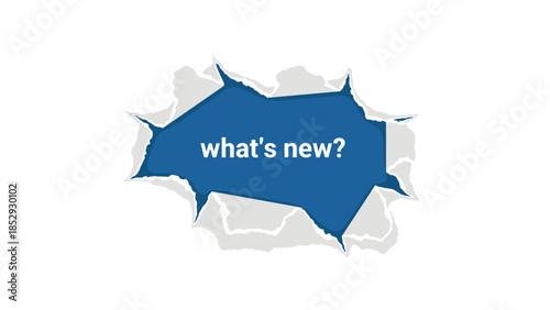 A piece of white paper is dramatically torn open in the center, revealing a vibrant blue background with the question "what's new?" prominently displayed.