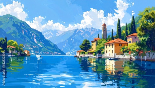 hand drawn gouache painting of lake como scenery. landscape painting with water, 