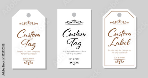 Elegant Gift Tag Templates with Flourish Ornament, Minimalist Wedding Favor Labels, Customizable Hang Tags for Boutique & Handmade Products,  Set of 3 Designs